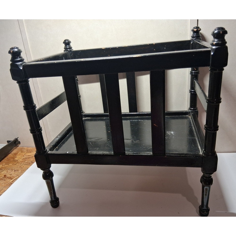 Vintage Black Wooden Spindle Magazine Rack Floor Stand Turned Wood Handle 17x12